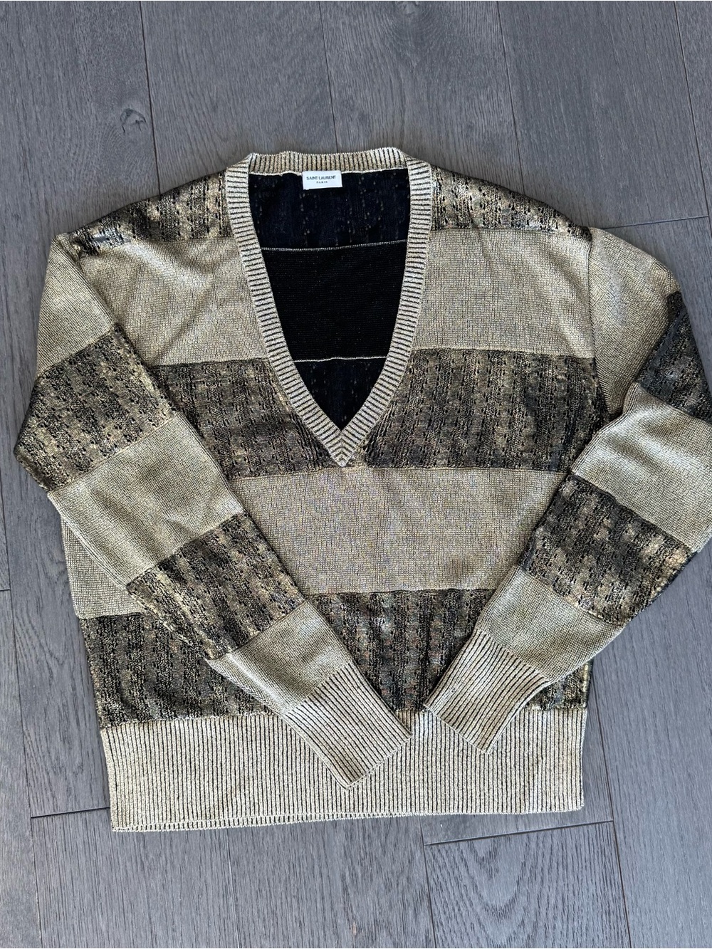 Saint Laurent Gold and Black Striped V-Neck Sweater